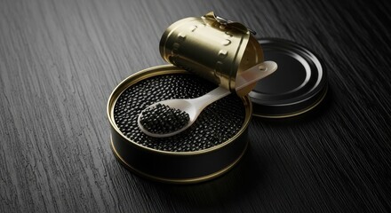 Rich Black Fish Roe Delicacy in an Open Tin Box with a Spoon Revealing its Exquisite Texture and Flavor