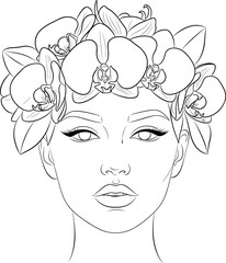 Elegant line art portrait of person with orchid floral crown, black and white illustration for beauty, fashion, nature, and decor themes
