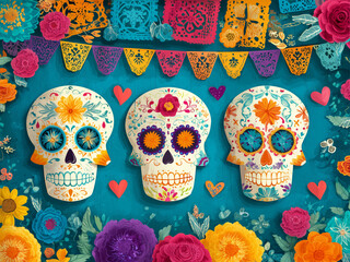 Colorful Day of the Dead illustration with a decorated sugar skull on a black background, surrounded by bright flowers on the sides and festive papel picado garlands above.
