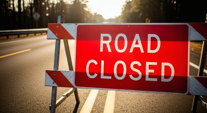 Road Closed Sign: Construction, Detour, Barrier, Traffic, Warning, Danger, Blocked, Street, Safety, Automobile, Transportation.