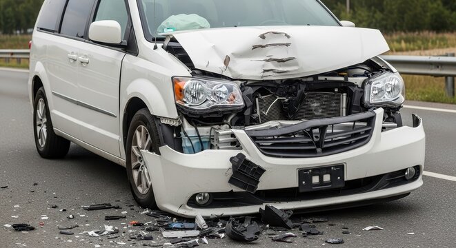 Front end collision damage on a white minivan showing crumpled hood and broken bumper