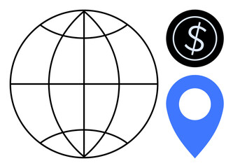 Globe with longitude and latitude lines, blue location pin, and black circle with dollar sign. Ideal for global business, finance, location services, trade, economy, navigation and technology