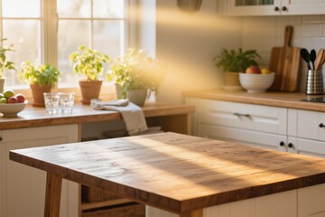 A warm and cozy kitchen bathed in bright sunlight, featuring a charming wooden table and thriving potted herbs