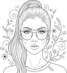 Stylized woman with glasses and floral hair design, black and white line art for tattoo, fashion, coloring, and vector use