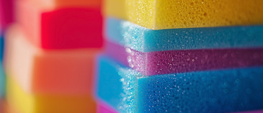 Macro shot of stacked colorful cleaning sponges creates vibrant abstract composition