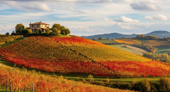 Rolling Hills Covered in Vibrant Autumn Vineyards and a Distant Tuscan Villa Under a Cloudy Sky - Powered by Adobe