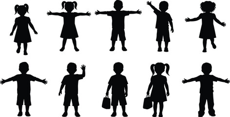 Children silhouette collection, diverse poses, standing, waving, holding bags, hairstyle variety, black graphic, vector illustration, editable icons, school theme