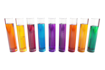 Vibrant test tubes filled with colorful liquids arranged in a row on a white background showcasing a spectrum of hues and scientific exploration isolated on transparent background