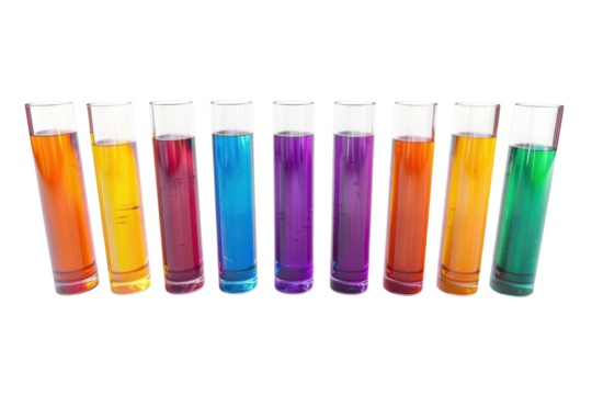 Vibrant test tubes filled with colorful liquids arranged in a row on a white background showcasing a spectrum of hues and scientific exploration isolated on transparent background