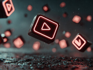 Neon glowing play button icons floating in dark futuristic space, symbolizing video streaming, digital media, online entertainment, and technology.

