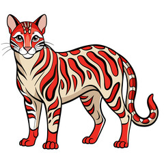 Cartoon Bengal Cat with Red Stripes on White Background