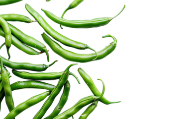 Fresh green beans scattered across a light surface, showcasing vibrant colors and natural shapes in the kitchen isolated on transparent background