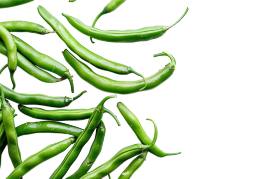 Fresh green beans scattered across a light surface, showcasing vibrant colors and natural shapes in the kitchen isolated on transparent background