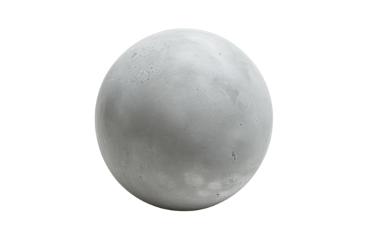 A smooth gray sphere resting on a clean white surface, showcasing simplicity and minimalism in design and form isolated on transparent background