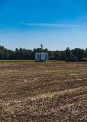 Silo in the middle of an empty field after the harvest season in early autumn
