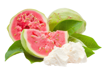 Freshly cut pink guava with creamy cheese and green leaves arranged artistically on a light background isolated on transparent background