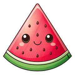 Cartoon watermelon slice with cute eyes and smile. Summer fruit with seeds