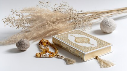 Quran with prayer beads and soft flower  isolated on white background 