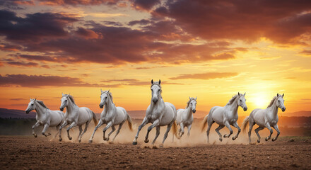 seven majestic white horses galloping across a field