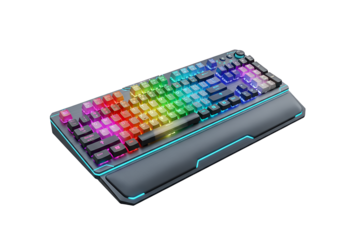 A modern mechanical gaming keyboard with vibrant rgb backlighting and a comfortable wrist rest, isolated on transparent background