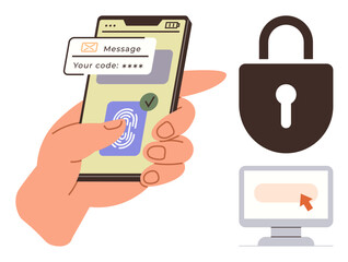 Hand holding smartphone with fingerprint scanner, SMS code notification. Adjacent lock icon and desktop screen suggest cybersecurity, authentication, privacy, and data safety. Ideal for technology