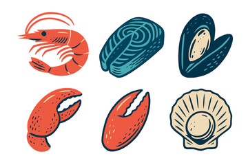 Collection of fresh seafood items including shrimp, salmon fillet, mussel, lobster claw, and scallop shell
