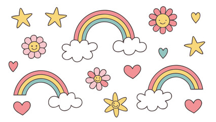 Hand drawn cute doodle elements rainbows clouds hearts stars flowers cheerful kids style