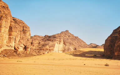 Rocky formations in Al Ula desert, Saudi Arabia, clear sky above