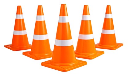 Five traffic cones in a row