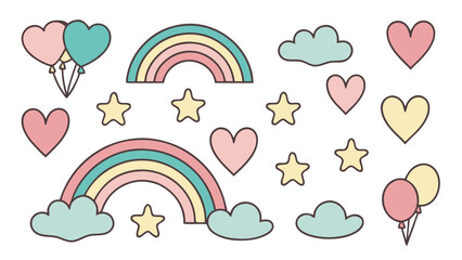  collection of whimsical, pastel-colored elements on a white background.