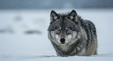 Obraz premium Striking wolf stares intensely with piercing blue eyes amidst snowy landscape, creating a majestic and powerful wildlife moment for nature lovers