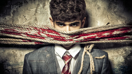 Model in a suit with ropes around mouth, conveying a feeling of captivity against a textured wall background