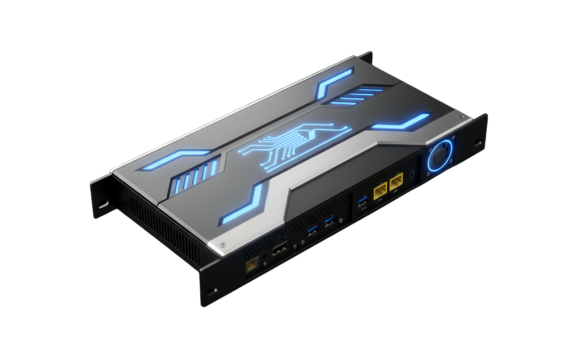 Modern computer network device with blue led lighting and ports, isolated on transparent background