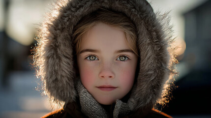 Young child wearing a warm hooded coat on a winter evening with soft sunlight in the background