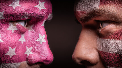 Two men face each other with their faces painted in the colors of the American flag, expressing fierce emotions and patriotic pride
