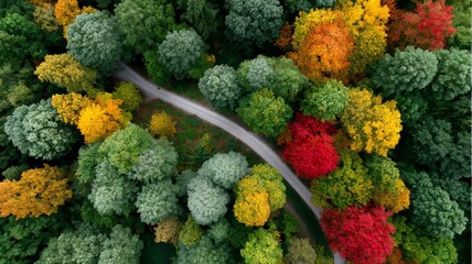 top-down forest canopy in autumn, mosaic of red orange yellow leaves