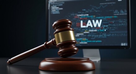 Law Concept Image: Judge's Gavel Set Against Bright Computer Monitor Screen Background, Justice, Legal, Technology, Digital Court.