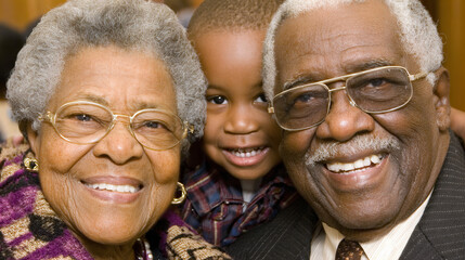 Smiling grandparents and grandchild capture joyful family moment at gathering in a cozy indoor setting