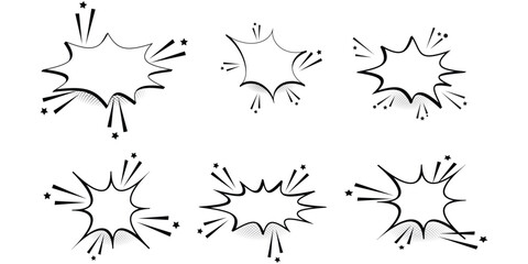 Collection of six comic book style speech bubbles with explosive effects isolated on white background