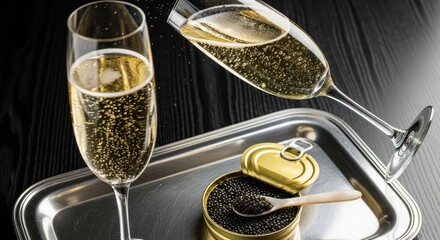 Fototapeta premium Luxurious Celebration with Bubbly Champagne and Exquisite Black Caviar Delight