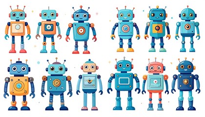 Cute cartoon robots in various colors