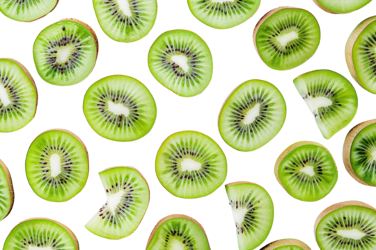 Vibrant green kiwi slices beautifully arranged on a clean white surface, showcasing their fresh texture and natural patterns isolated on transparent background