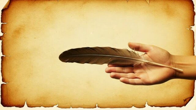 Hand holding a feather quill over aged parchment paper with torn edges and vintage aesthetic look