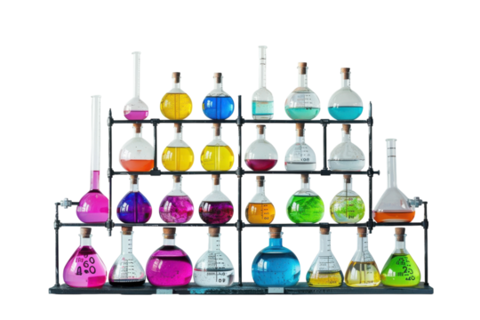 A vibrant display of colorful laboratory glassware filled with various liquids arranged on a shelf in a modern workspace isolated on transparent background