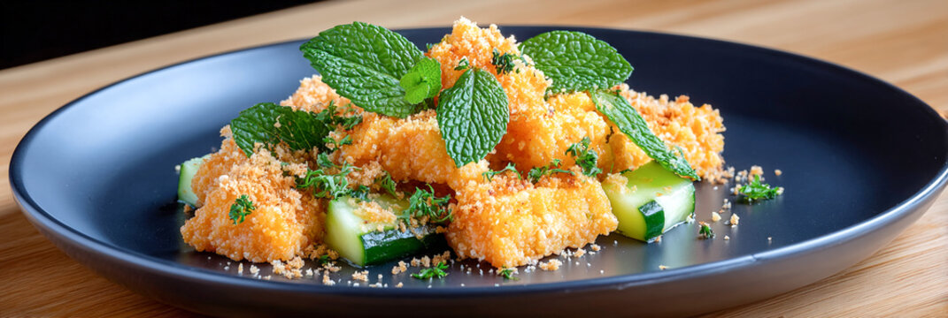 Crispy golden tofu cubes served with cucumber slices, breadcrumbs and fresh mint leaves on a black plate, close-up