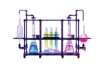 Colorful laboratory setup with beakers and flasks displaying various liquids under vibrant lighting effects isolated on transparent background
