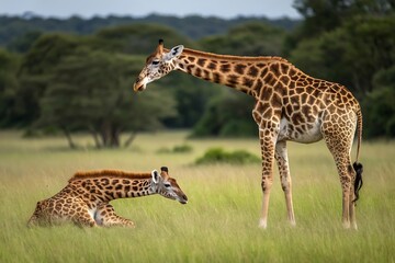 Giraffe family grazing in the african savanna on a sunny day in zambia