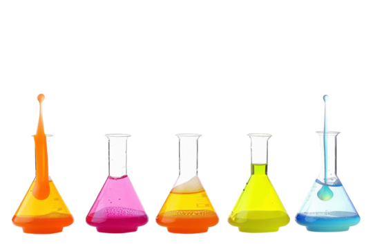 Vibrant chemistry experiment with colorful liquids in flasks set against a clean white background isolated on transparent background