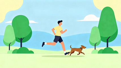 Healthy lifestyle concept with a green leaf, a running person with dog