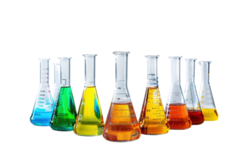 Colorful glass beakers filled with vibrant liquids create an eye-catching display in a lab setting during bright daylight isolated on transparent background